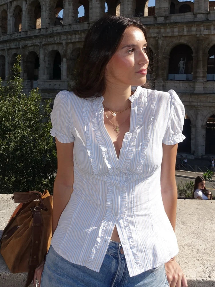 HH Casual Women's Layered Embellished Poplin Shirt Summer Female Chic V-Neck Striped Puff Sleeve Single Breasted Short Blouse