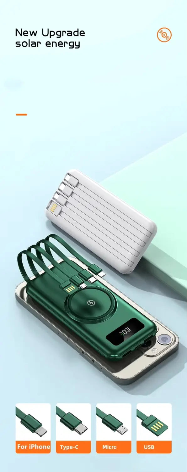 Chargeur portable rectangulaire vert avec batterie Li-polymère, comprenant plusieurs ports USB dont micro USB et un socle supérieur circulaire de charge sans fil rapide et de charge rapide.