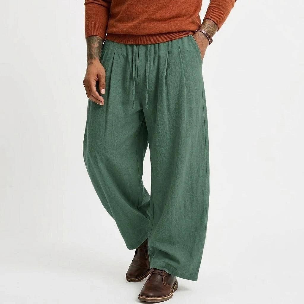 Pantalones casuales de lino para hombre de pierna recta, de algodón, de color verde oliva holgado, con diseño de cintura con cordón.