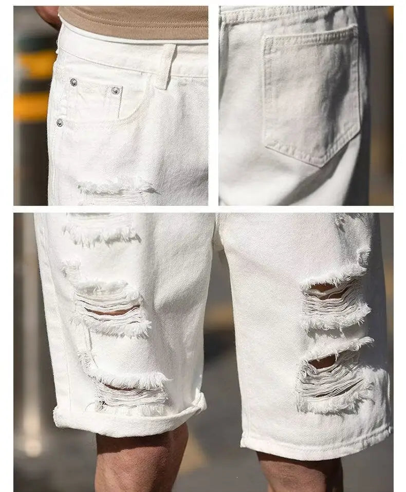 Les shorts en jean blanc déchiré pour le streetwear, avec un denim blanc vieilli, des détails effilochés et déchirés, ainsi que des revers roulés.