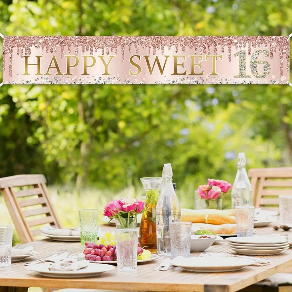 16th Birthday "Happy and Sweet Party Banner - Polyester interior/Exterior decoration, with flash design, birthday party.