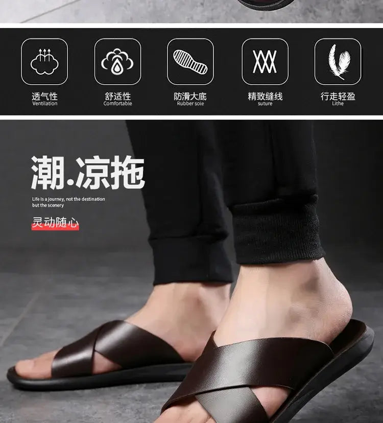 Dunkelbraune Herren-Echtleder-Slipper mit Kreuzriemen-Design und Gummisohle