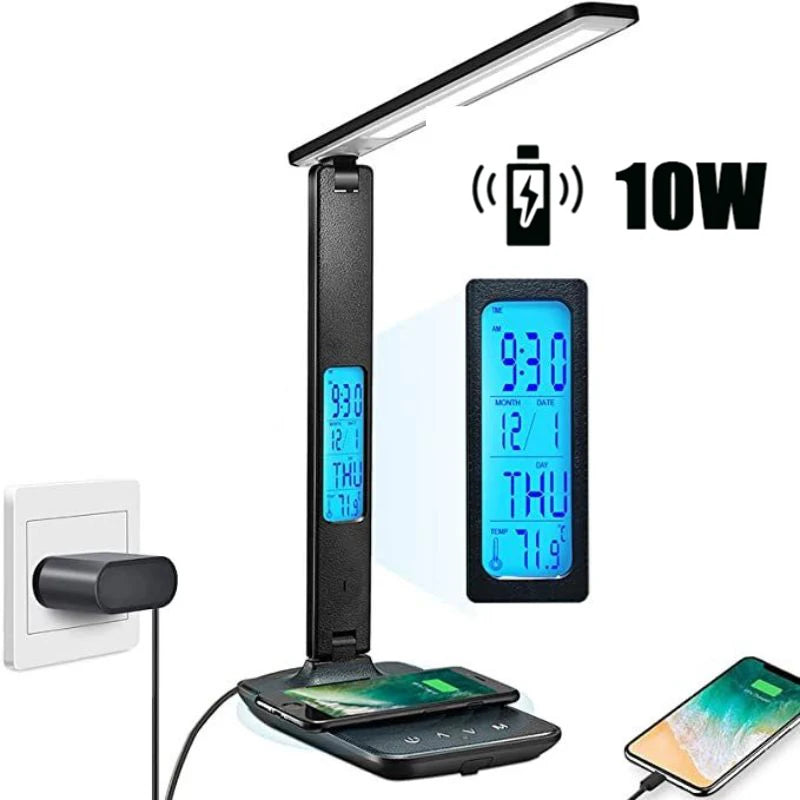 Wireless Charger USB Charging Date Temperature Function Portable Office Desk Lamps LED Table Lamp with Clock Alarm