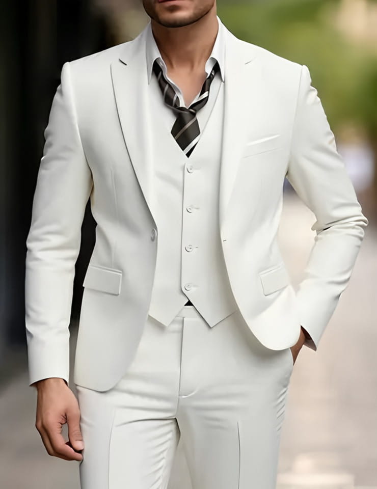 Ein scharf zugeschnittener weißer Dreiteileranzug mit modernem, elegantem Schnitt und dezenter Struktur, einreihige Verschlussart bei einem Herren schwarzer Slim-Fit-Smoking-Design.