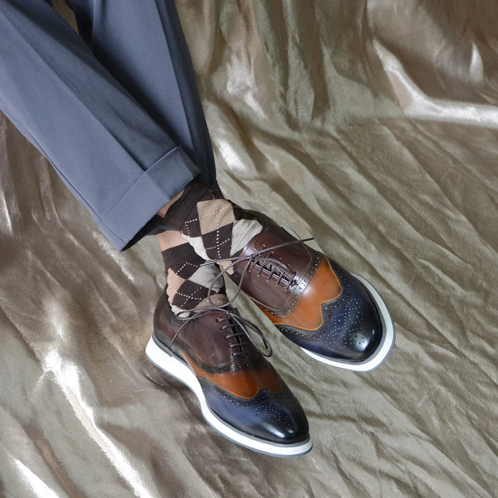 Men's Dress Sneakers Genuine Leather Italian Full Grain Cowhide Wingtip Brogue Oxfords Business Casual Formal Shoes Brown / Blue