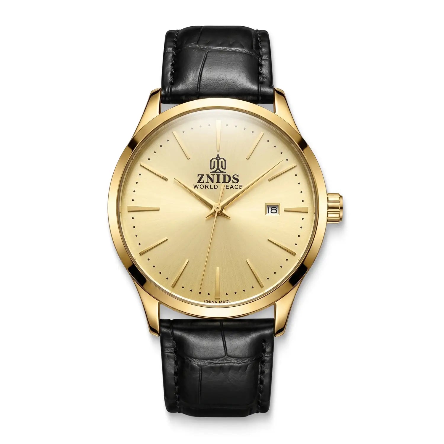 Automatic skeleton mechanical watch gold leather strap featuring a gold-tone znids world peace dial with stick indices and a black leather strap.