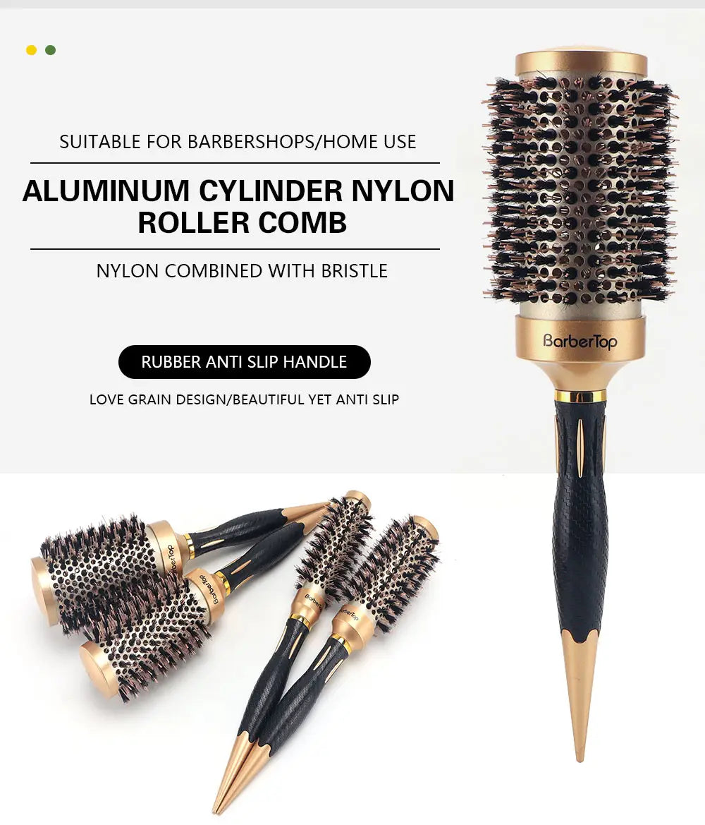 Aluminum round hair styling brush with gold-accented aluminum cylinder roller and black nylon and bristle brush heads.