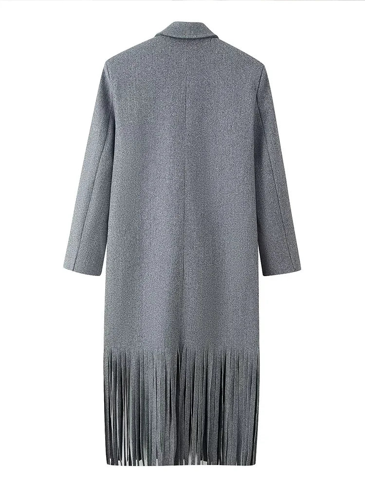 HH Women Winter Fashion Lapel Long Sleeve Woolen Jacket Female High Street Double Breasted Fringed Hem Decoration Pocket Coat
