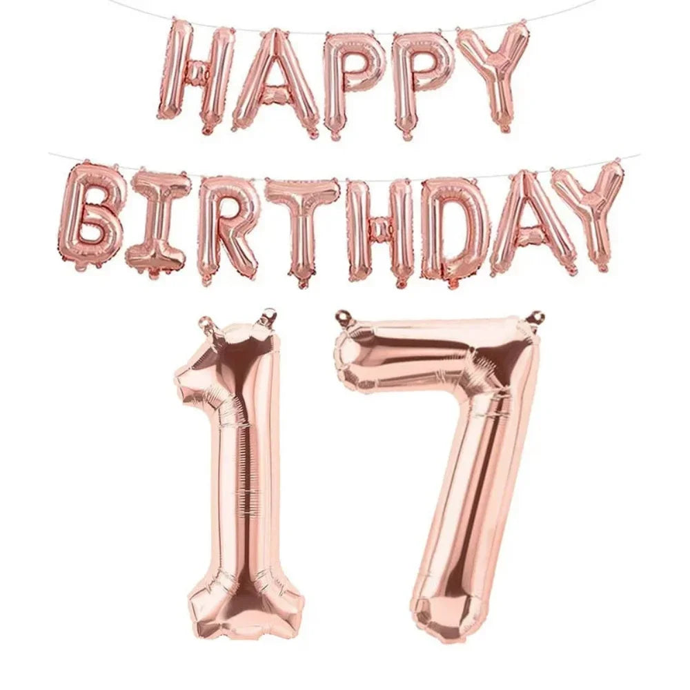 Bannière de ballons en feuille or rose comprenant « Joyeux anniversaire » et le numéro 17 pour les célébrations d’anniversaire.