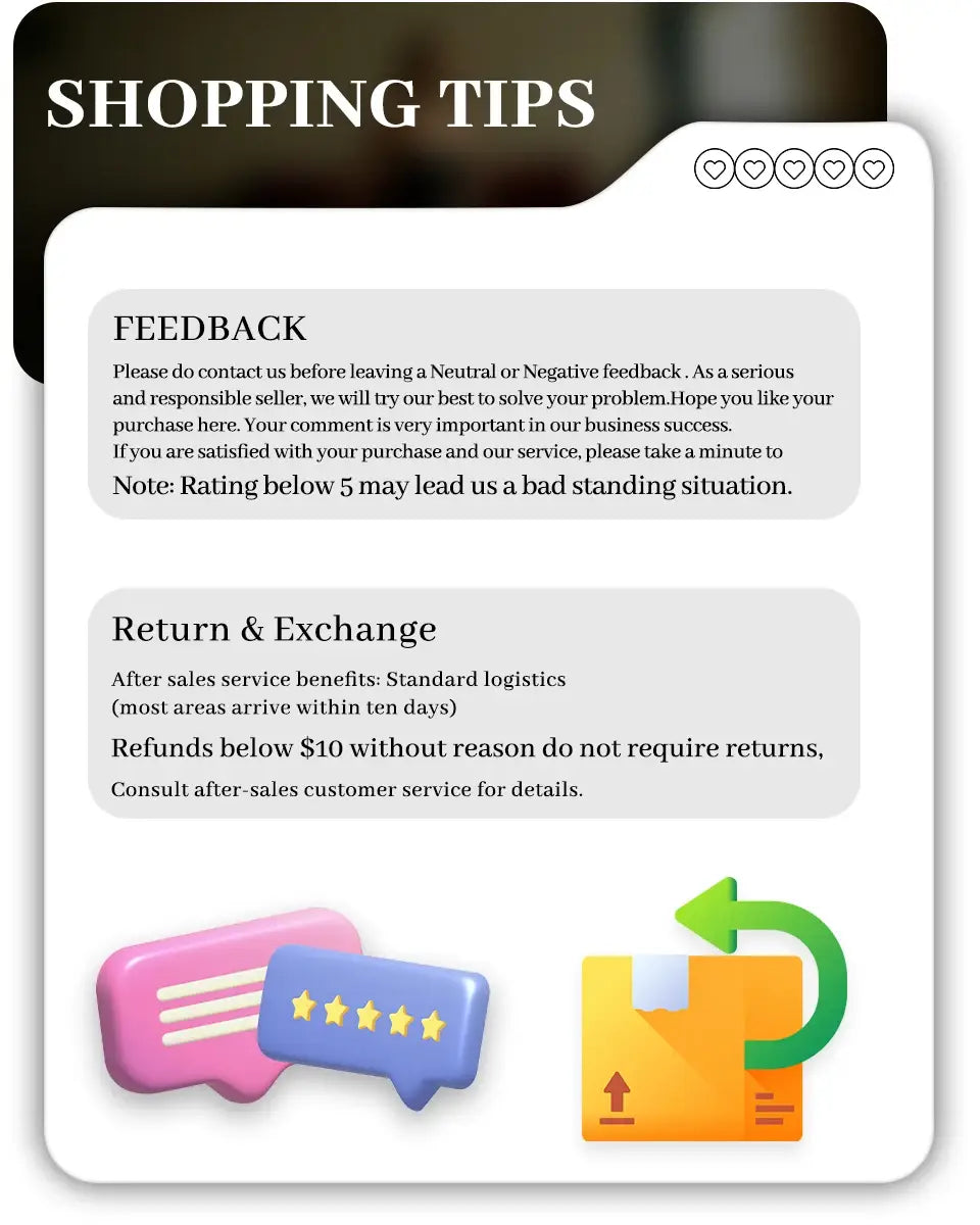 The image shows a shopping tips card with feedback and return and exchange policies alongside a stainless steel gold roman numeral bangle bracelet for women featuring cartoon-style icons of speech bubbles stars and a shipping box.