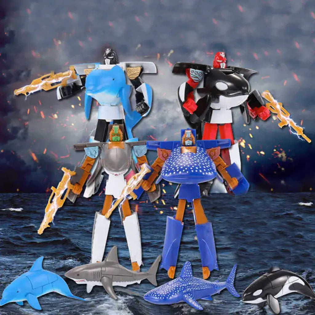 Blue and white robotic shark figures with orange limbs standing on a dark ocean surface as finished goods of shark transforming robot toy.