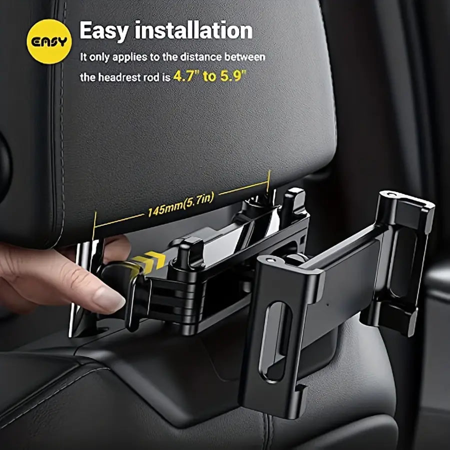 Soporte para tableta en el reposacabezas del automóvil ajustable negro para dispositivos de 4.7 a 12.9 pulgadas, mostrado desde la cara posterior.