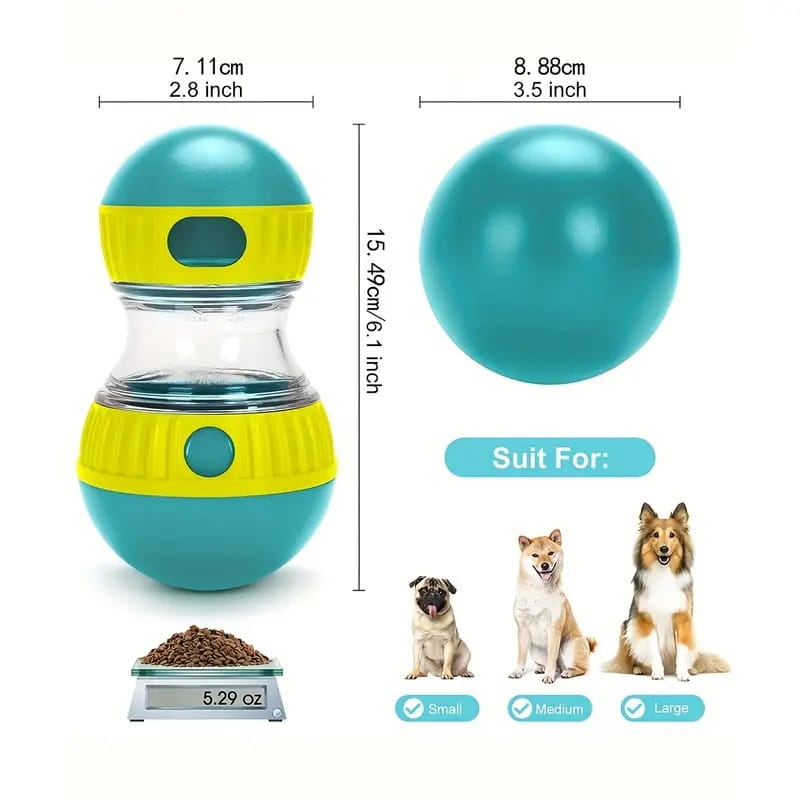Jouet distributeur interactif de friandises pour chien, distributeur d’alimentation lente, en plastique turquoise et jaune, avec une section centrale transparente pour distribuer des friandises.
