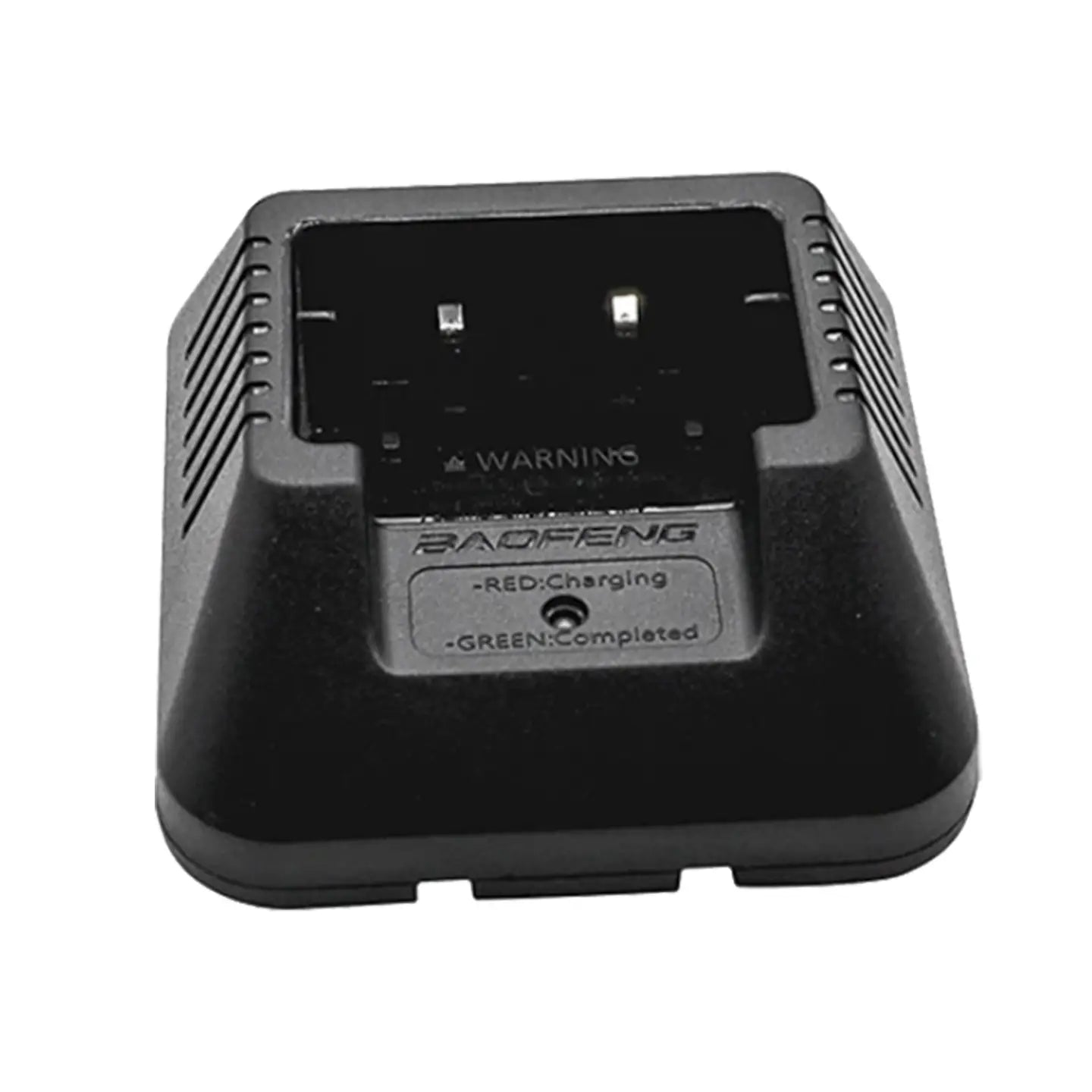 Black plastic uv5r li-ion charger for baofeng walkie talkie with rectangular slot and indicator lights for charging status.