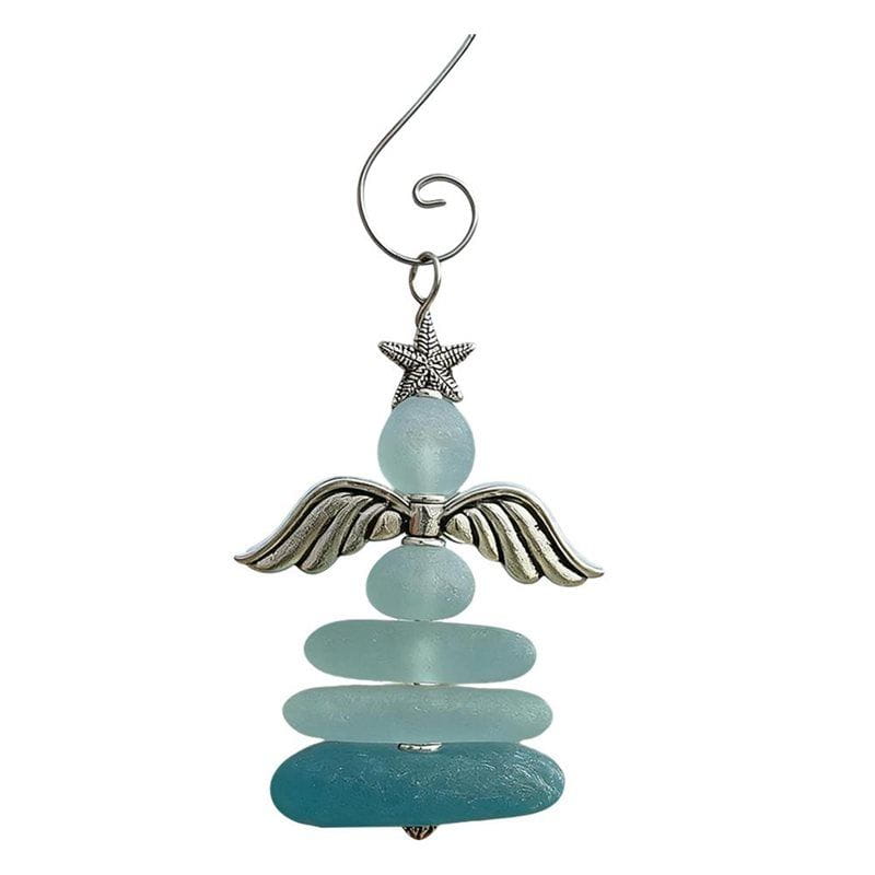 Silver angel christmas ornament with layered sea glass beads and starfish accent for coastal christmas tree decor