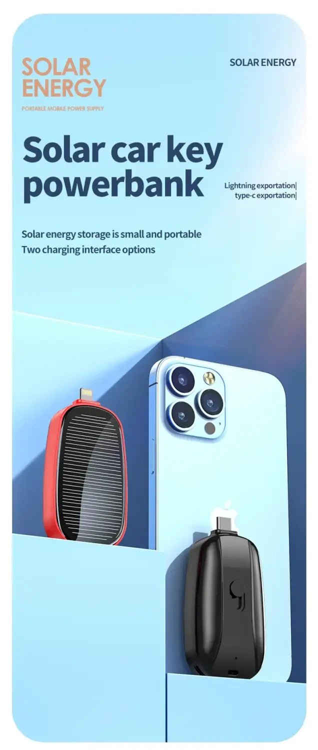 Red solar power bank key ring portable charger with a sleek compact design and black textured surface for on-the-go charging