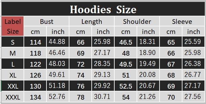 Tabla de tallas de sudadera que muestra medidas en centímetros y pulgadas para las tallas de s a xxxl para hombre, chaqueta tipo bomber USA, estilo varsity con gráfico de letras, abrigo casual.