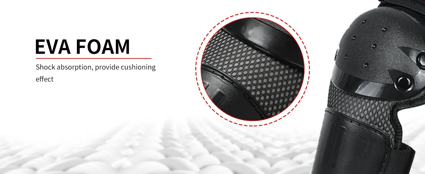 Rodillera negra con interior de espuma EVA texturizada para absorción de impactos, como parte de un juego de protección para niños para ciclismo y patinaje.