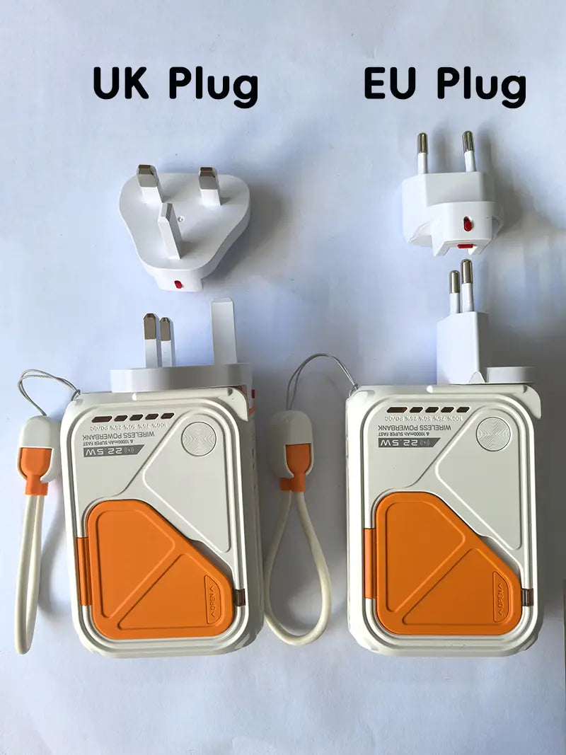 White and orange magnetic power bank 20000mAh fast wireless charger with UK and EU plug adapters showcasing advanced power bank battery feature for versatile charging.