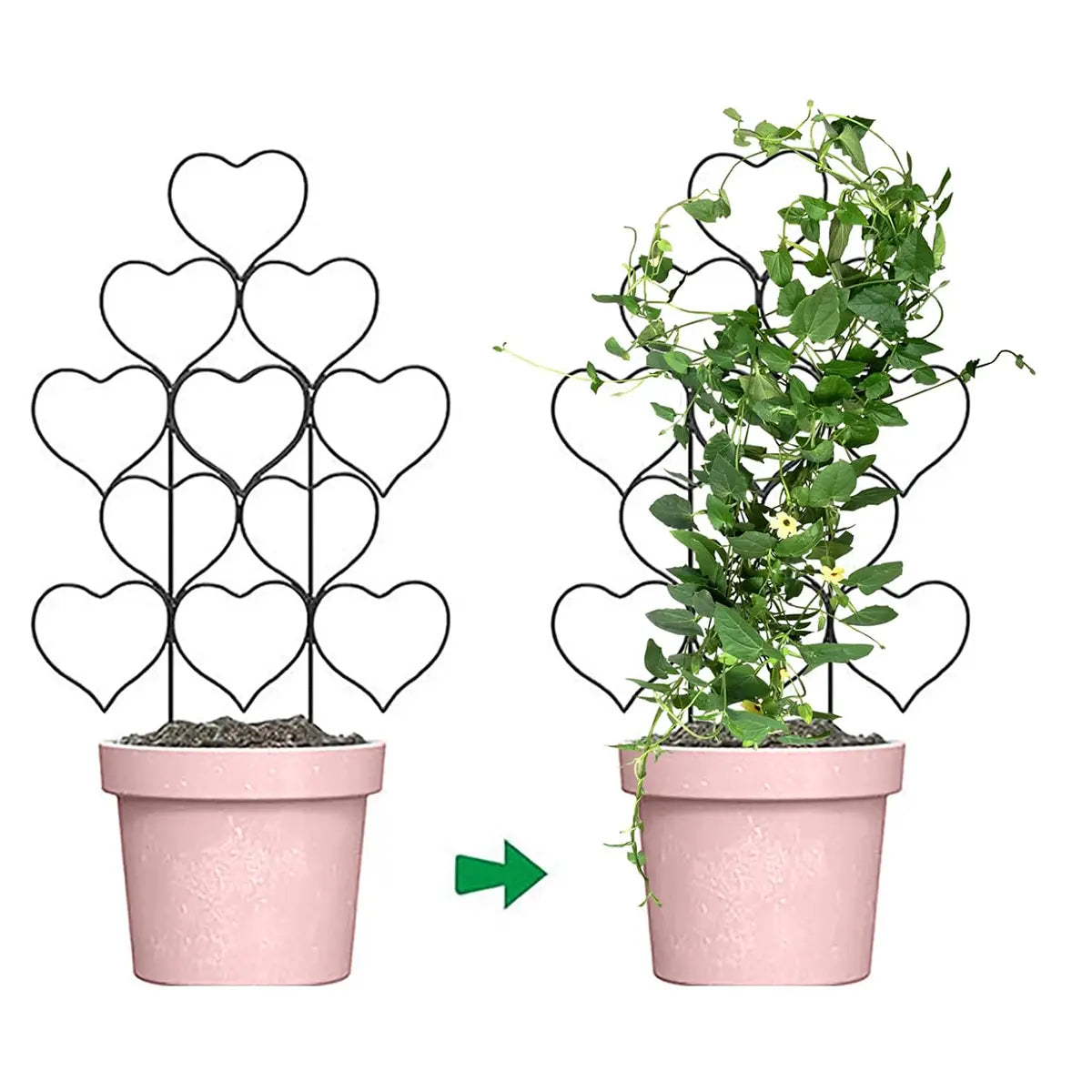 Maceta de cerámica rosa con inserto de enrejado de soporte para plantas con forma de corazón de metal negro para plantas trepadoras y accesorios para plantas