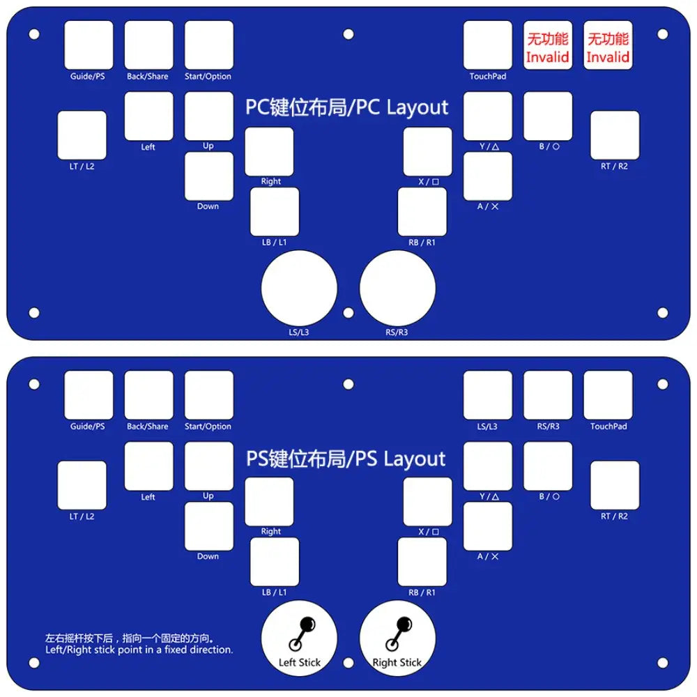 blue plastic controller layout template with white keyhole cutouts and circular stick outlines for djmax mechanical gaming keyboard with left joystick support enabling precise joystick moves and secure data cable integration