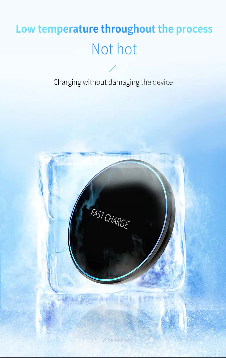 Black circular wireless fast charging pad with glowing blue edge encased in ice for low-temperature charging compatible with phone watch and earphones.