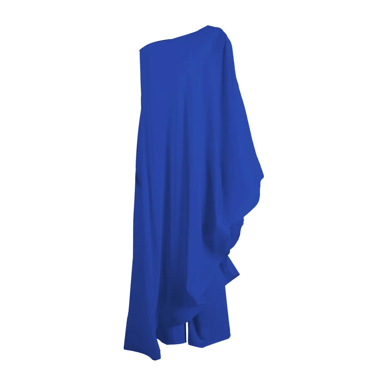 Ein leuchtend königsblaues Kleid mit einer Schulter im drapierten Stil, mit fließender asymmetrischer Silhouette, das elegantes Design mit kräftiger Farbgebung verbindet.