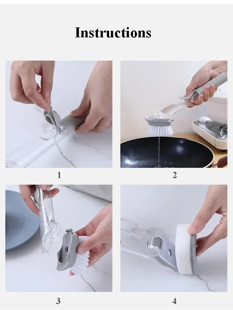 Brosse à vaisselle pour distribution de savon argentée et blanche avec long manche flexible et brins souples, pour un nettoyage en douceur