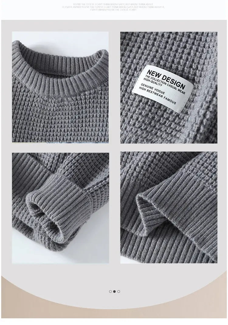 Moownuc Herren-Waffelstrick-Pullover im lässigen Stil in Grau mit strukturiertem Strick, geripptem Halsausschnitt und Bündchen.
