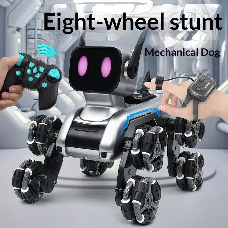 Interactive robotic dog toy with voice control featuring a silver and black eight-wheel stunt mechanical dog with glowing pink eyes.