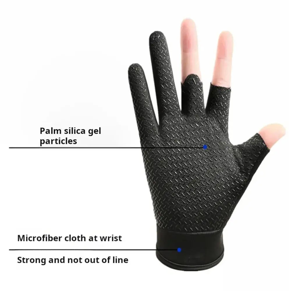 Black ice silk three finger fishing glove with silica gel textured palm and microfiber wristband shown from the back side.