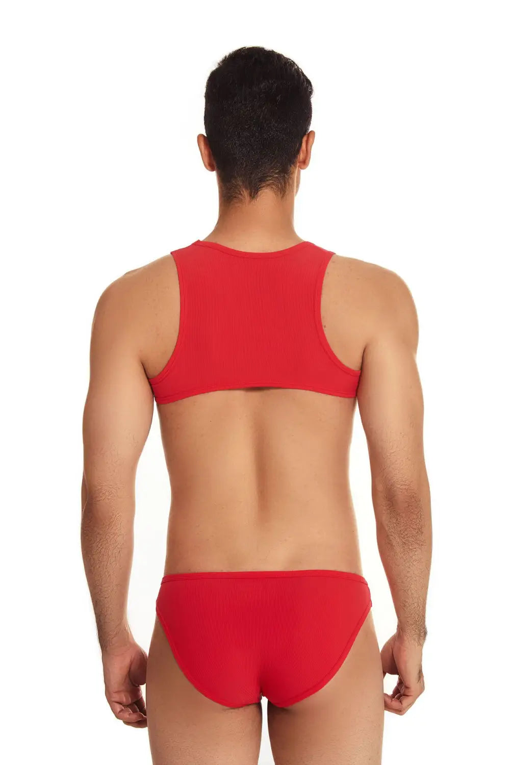 Haut court côtelé rouge, pour la salle de sport, pour l’entraînement, de style actif, dans un ensemble de maillot de bain deux pièces pour homme
