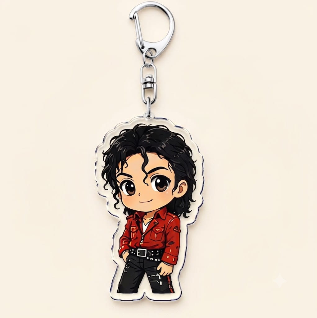 chibi-style michael jackson acrylic keychain featuring a cartoon depiction in a red jacket and black pants.