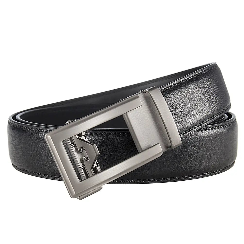 Mens automatic leather belt with a formal black strap and silver-toned automatic buckle.