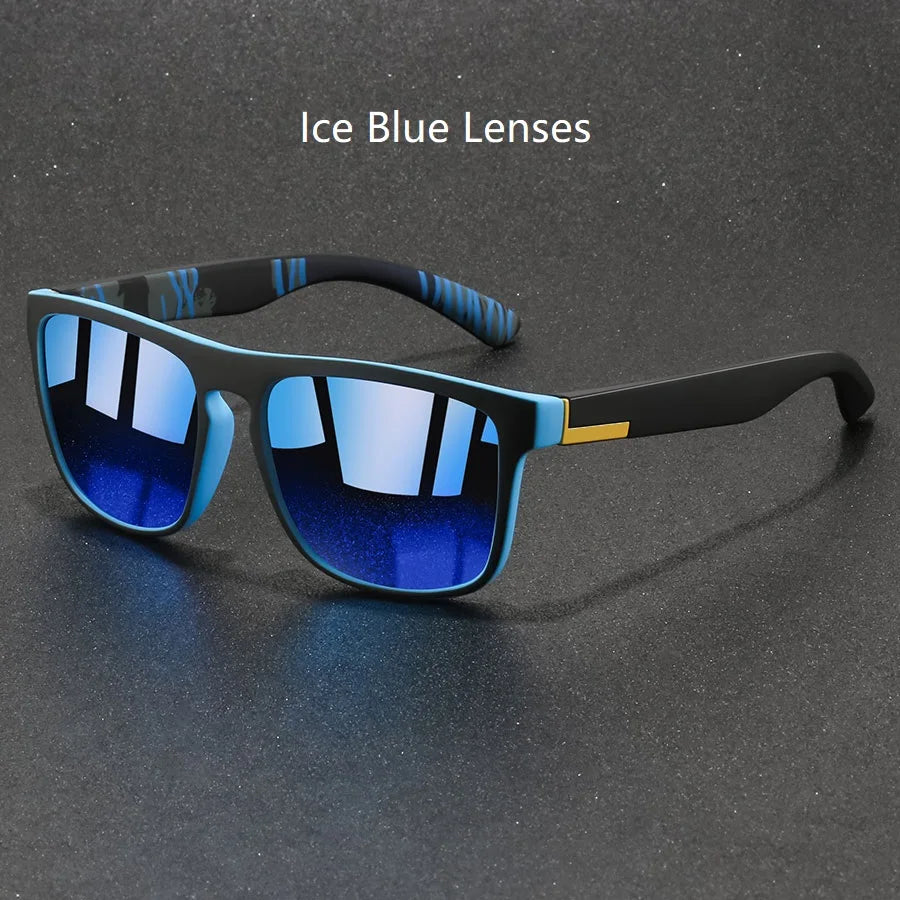Vintage square luxury brand designer sunglasses feature ice blue reflective lenses with a black frame accented by light blue and gold details.