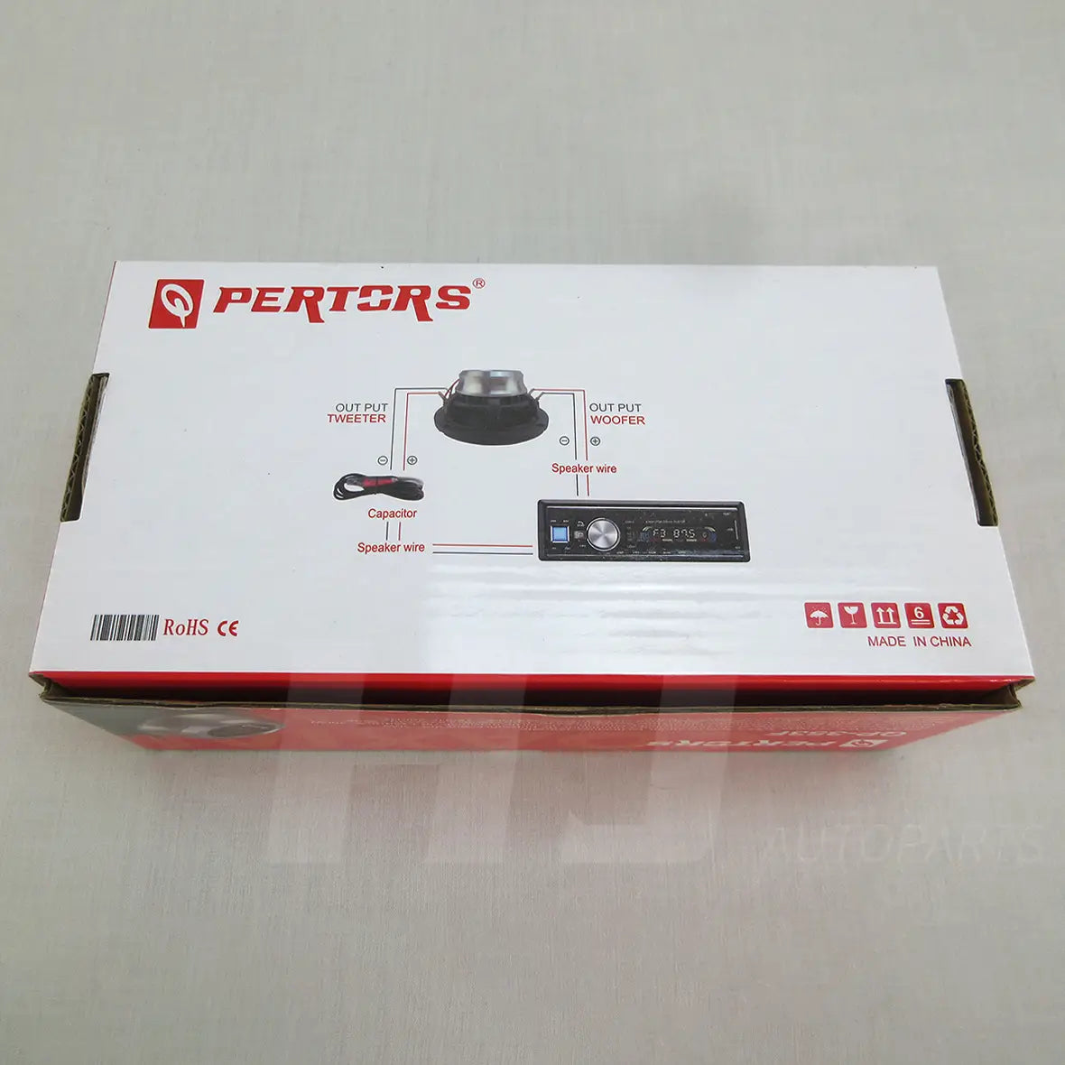 white and red cardboard box of 3.5 inch car coaxial speakers 200w qp353f for pertcrs car audio system showing diagrams of the included components on the back side.