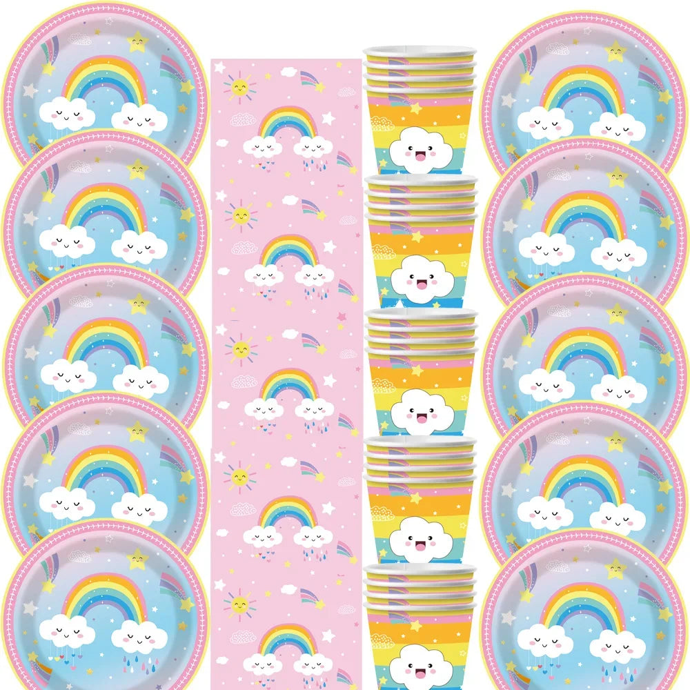 Rainbow Baby Shower Disposable Tableware Paper Plates Napkins Cups Pink Cloud Happy Girls Birthday Party Decoration Supplies