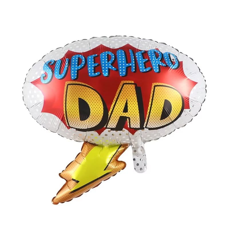 A shiny metallic speech bubble balloon with bold blue and yellow superhero dad lettering accented by red and white polka dots as part of a Mom Dad Crown Balloon Tower.