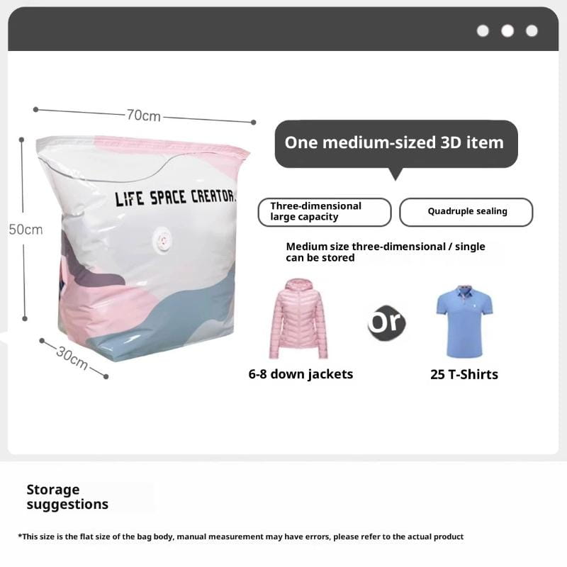 Un sac de rangement sous vide en pa+pe rose pastel et bleu clair, fabriqué à partir d’un matériau réutilisable, avec une étiquette blanche indiquant life space creator, conçu pour une utilisation de rangement économique.
