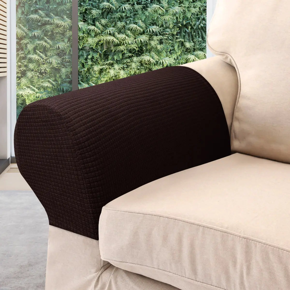 Armlehnenabdeckung aus dunkelbraunem, geripptem Stoff aus Stretch-Spandex für wasserabweisenden Schutz