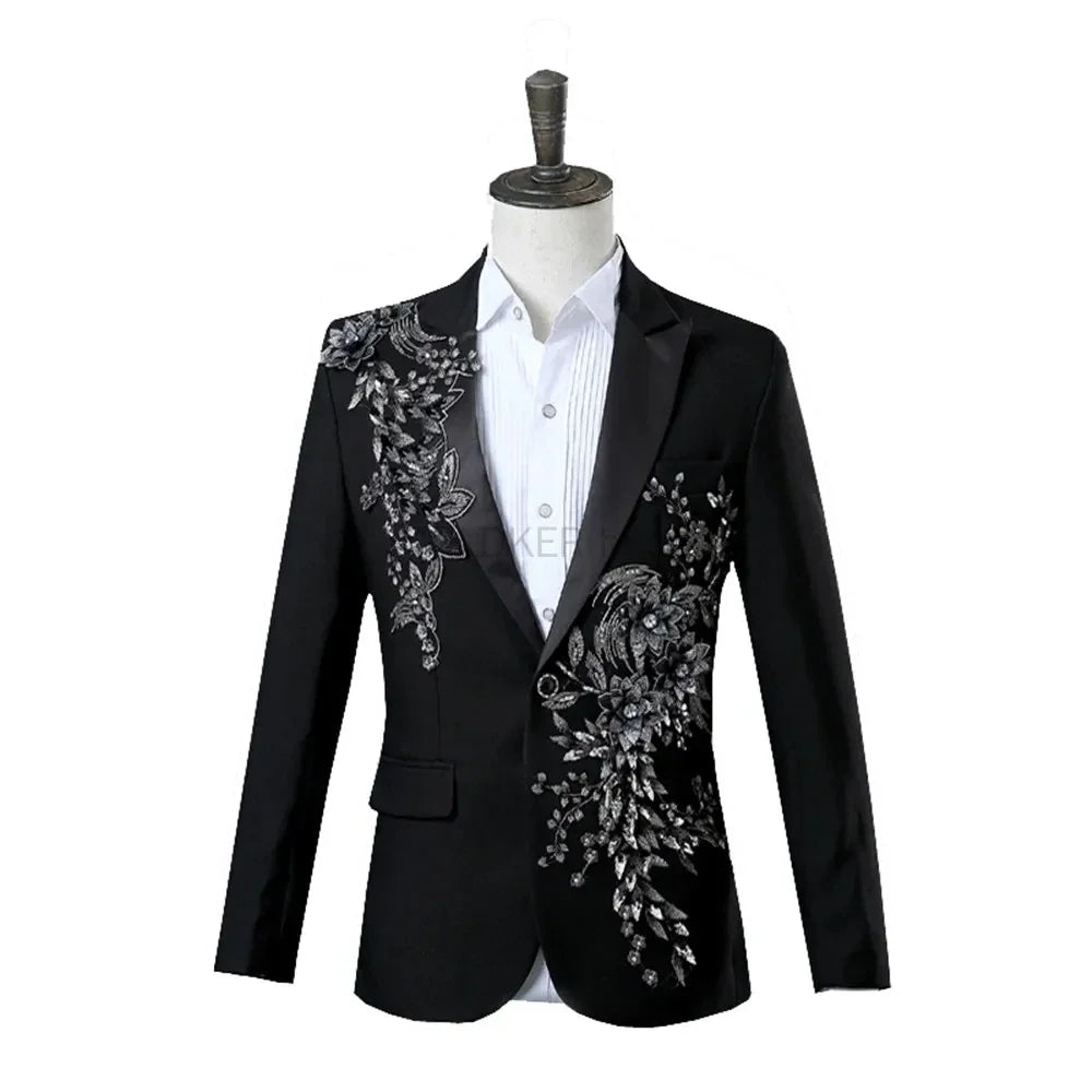 Men's Black Suit with Silver Floral Embroidery 2-Piece Formal Tuxedo Set Stage Performance Wedding Party Blazer and Pants Suit