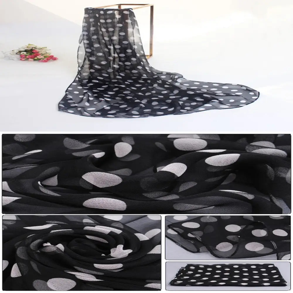 Black sheer silk head wrap scarf with white polka dots designed as a polka dot silk head wrap scarf.