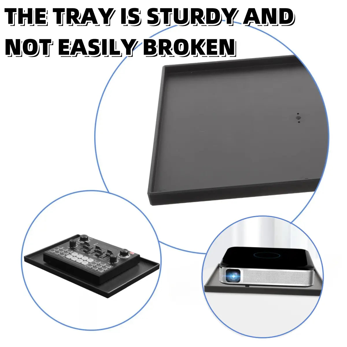 Bandeja negra resistente de plástico para soporte de proyector con adaptador de rosca de 1/4, diseñada para sostener dispositivos electrónicos como mezcladores DJ o proyectores.
