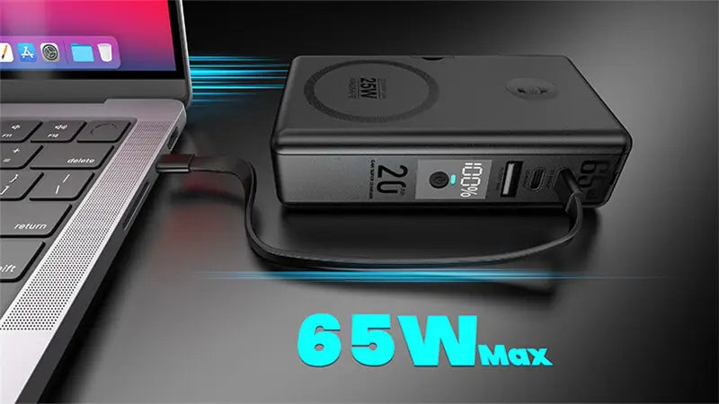 Batterie externe magnétique sans fil rectangulaire noire de 20000 mAh, avec ports USB-C de charge rapide maximale 65 W et écran numérique