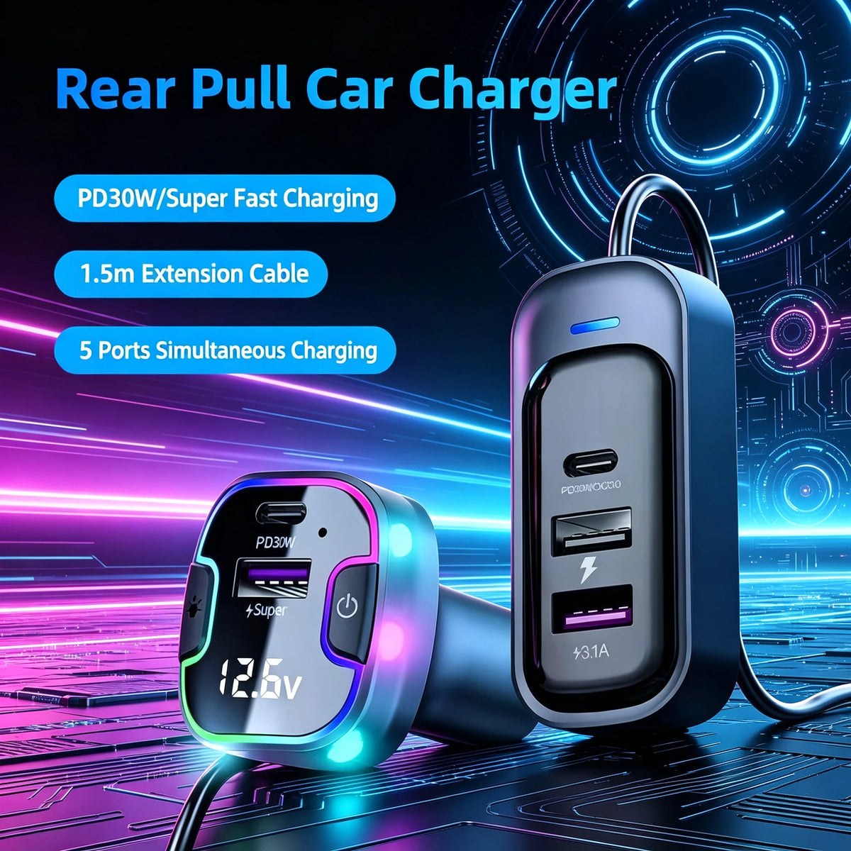 Front and Rear Chargers, Car Charger, Car Charger with Voltage Display; Super Fast Charging 5-Port Car Adapter; 120W Total Output, 3 USB C Outputs & 2 Type-C Outputs; Supports Super Fast Charging; Ambient Lighting Effect; 1.5