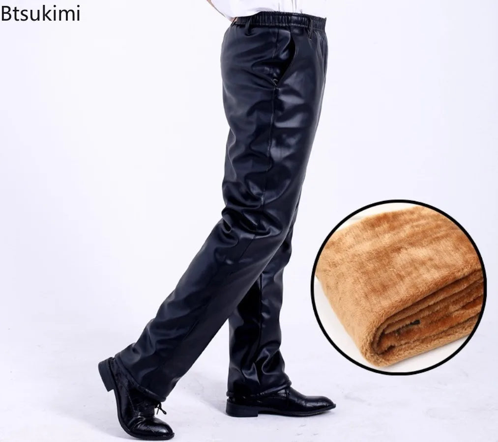 New Men's Leather Pants Business Casual PU Leather Trousers Autumn Winter Outdoor Thicken Warm Windproof Motorcycle Riding Pants