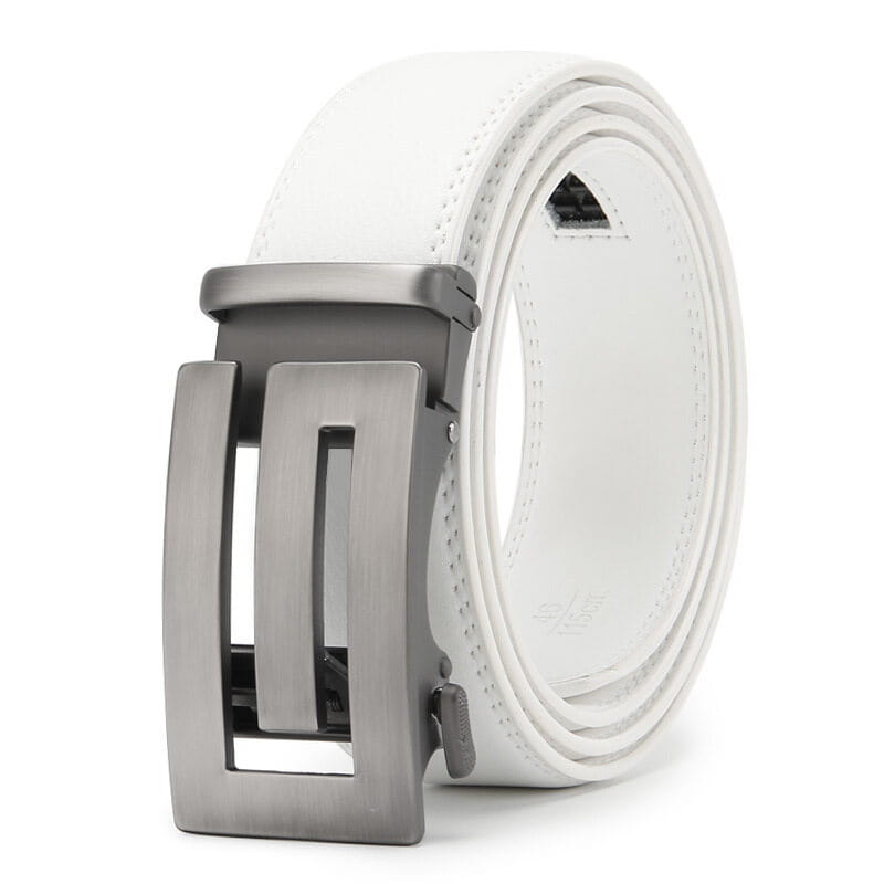 Ceinture automatique en cuir pour homme en cuir blanc, avec une boucle métallique brossée élégante.