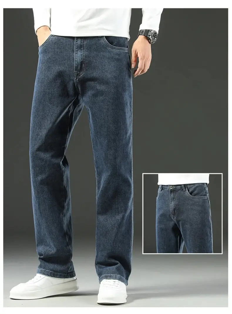 Men’s loose straight business casual jeans in dark blue denim with a straight-leg cut and classic five-pocket design.
