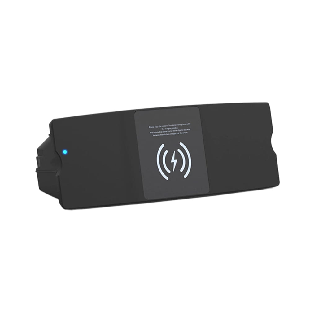 Black rectangular wireless charging pad with a matte finish and white Qi logo designed for Audi A6 A7 15w fast wireless car charging.