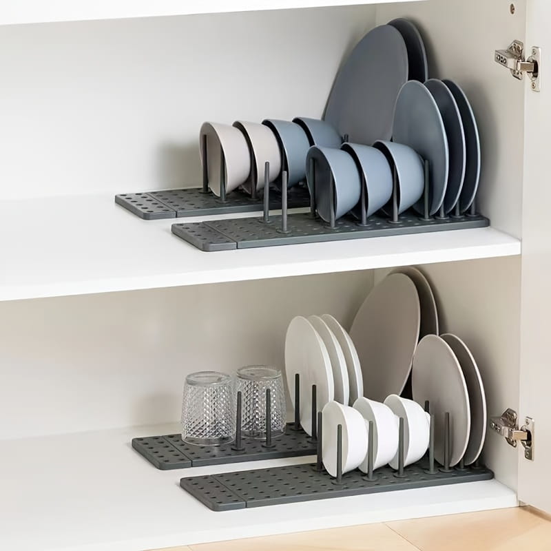 gray plastic adjustable kitchen drawer pegboard organizer with adjustable vertical slots for plates and cups